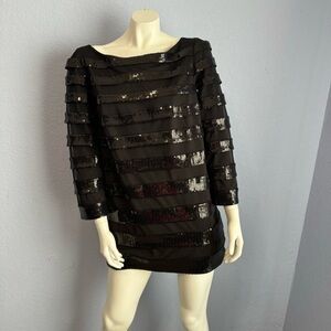 Tadashi Shoji Black Illusion Cocktail Mesh Tulle Long Sleeve Mini Dress